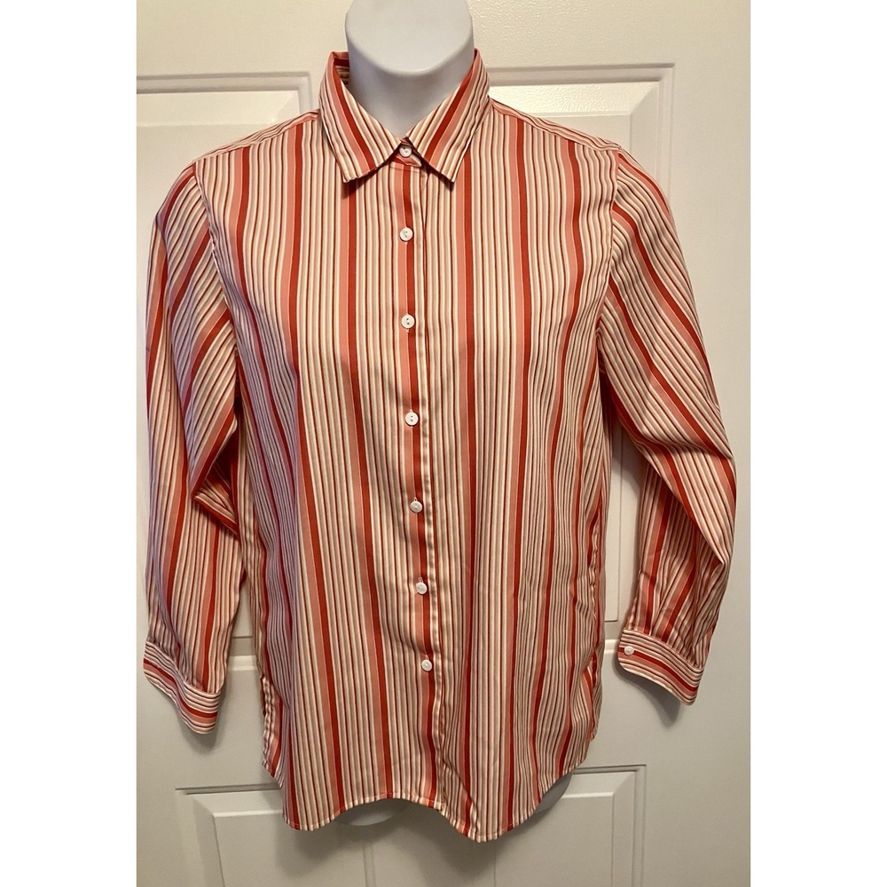 Foxcroft Women's Sz 10 Long Sleeve Shirt Button Pink White Striped Wrinkle Free